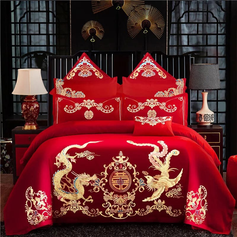 SHOWLU FASHION STORE LongFeng-XY / set / King Chinese wedding four-piece set big red embroidered newlywed bedding wedding festive set dragon and phoenix quilt embroidered bedding bed sheets quilt cover