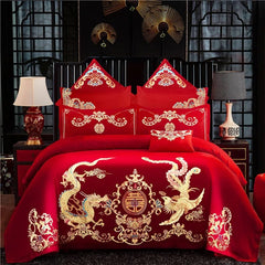 SHOWLU FASHION STORE LongFeng-XY / set / King Chinese wedding four-piece set big red embroidered newlywed bedding wedding festive set dragon and phoenix quilt embroidered bedding bed sheets quilt cover