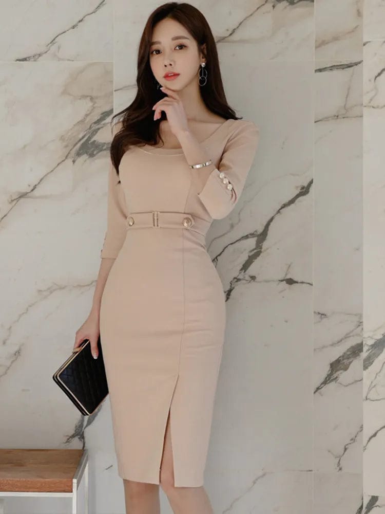  Showlu Fashion Store Lotus root color / XL / CN Korean Fashion Spring Autumn Elegant Women Pencil Dress Commute Formal Chic Solid Sexy O-Neck Slim Slit Midi Party Mujer Vestido