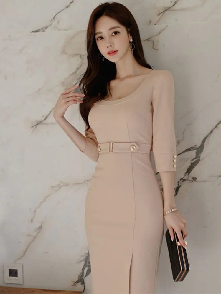  Showlu Fashion Store Lotus root color / XL / CN Korean Fashion Spring Autumn Elegant Women Pencil Dress Commute Formal Chic Solid Sexy O-Neck Slim Slit Midi Party Mujer Vestido