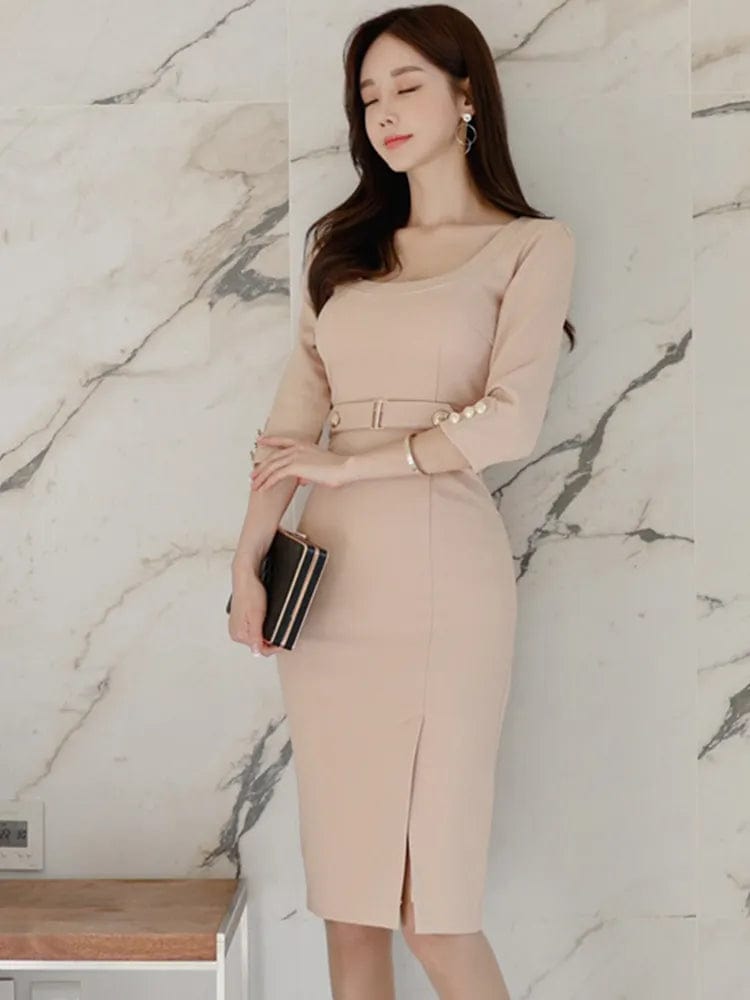  Showlu Fashion Store Lotus root color / XL / CN Korean Fashion Spring Autumn Elegant Women Pencil Dress Commute Formal Chic Solid Sexy O-Neck Slim Slit Midi Party Mujer Vestido