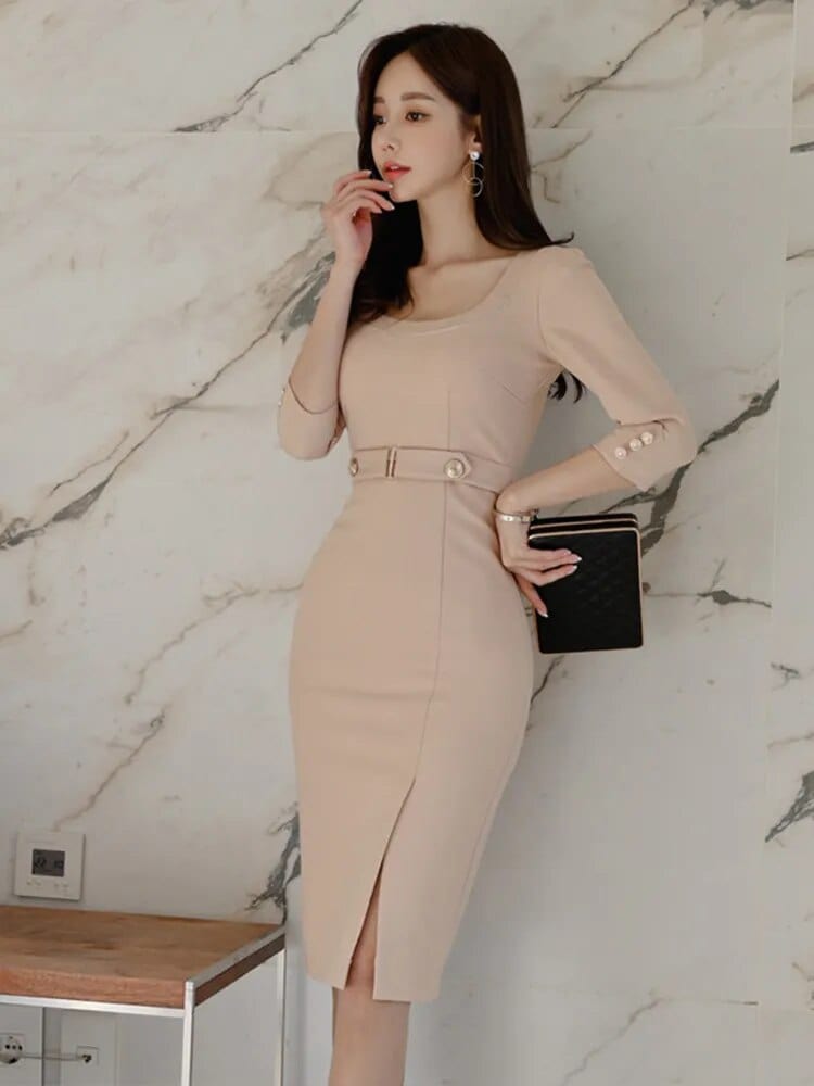  Showlu Fashion Store Lotus root color / XL / CN Korean Fashion Spring Autumn Elegant Women Pencil Dress Commute Formal Chic Solid Sexy O-Neck Slim Slit Midi Party Mujer Vestido