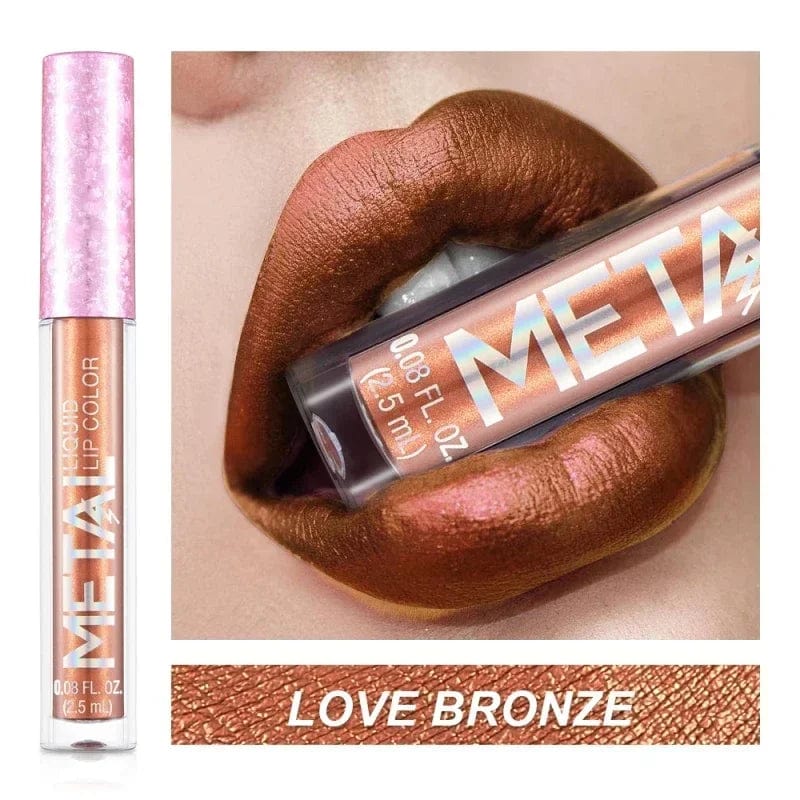  Showlu Fashion Store LOVE BRONZE Metallic Matte Liquid Lipstick Waterproof Long Lasting Non-Stick Cup Matte Shimmer Glitter Lip Gloss Women Lips Makeup 12 Colors