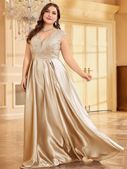 SHOWLU FASHION STORE Lucyinlove Plus Size Luxury Gold Satin V-Neck Evening Dress Women Satin Wedding Party Prom Floor Lenght Cocktail Dress Gowns