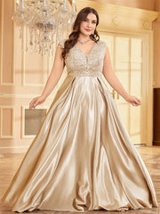 SHOWLU FASHION STORE Lucyinlove Plus Size Luxury Gold Satin V-Neck Evening Dress Women Satin Wedding Party Prom Floor Lenght Cocktail Dress Gowns