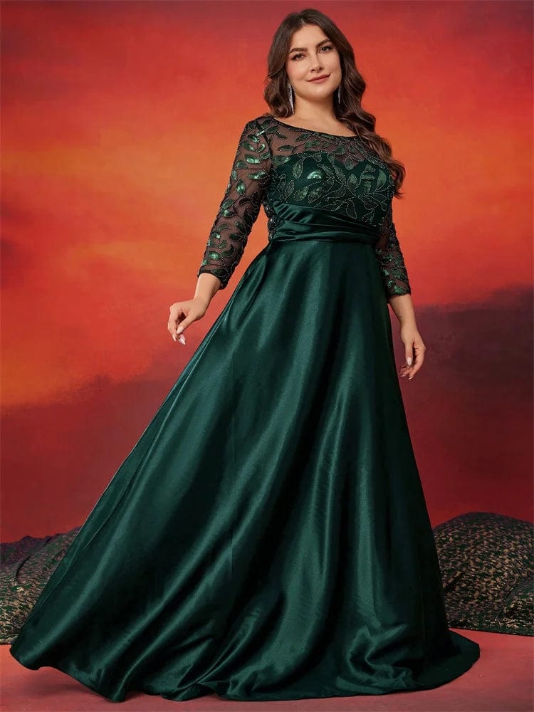 SHOWLU FASHION STORE Lucyinlove Plus Size O-neck Elegant Green Sequin Evening Dress Luxury Long sleeve Women Satin  Party Dress Prom Cocktail Dresses