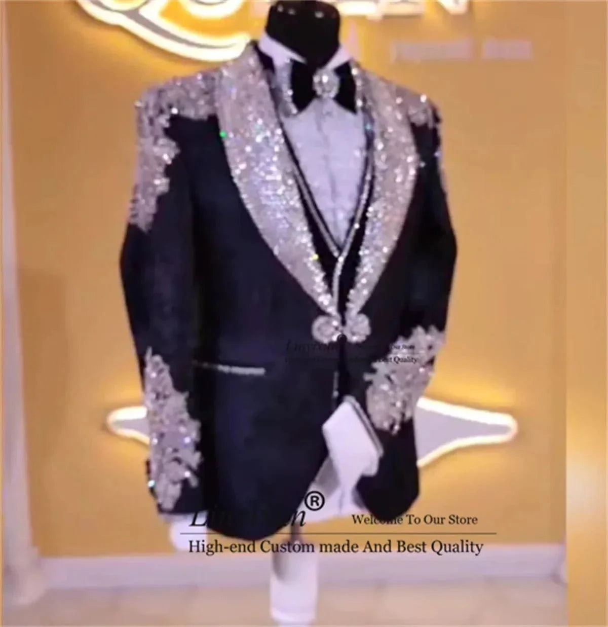 SHOWLU FASHION STORE men's beaded crystal tuxedo 3-piece slim fit wedding suit with shawl lapel, suitable for formal events and parties.