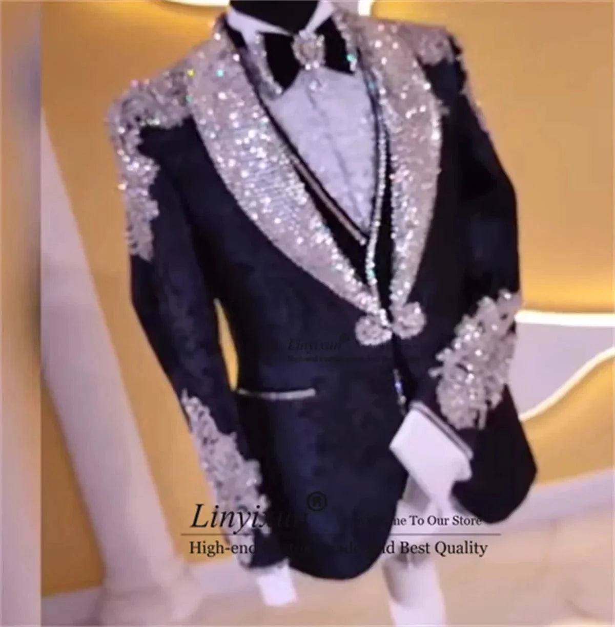 Linyixun men's beaded crystal tuxedo 3-piece slim fit wedding suit with shawl lapel, suitable for formal events and weddings.