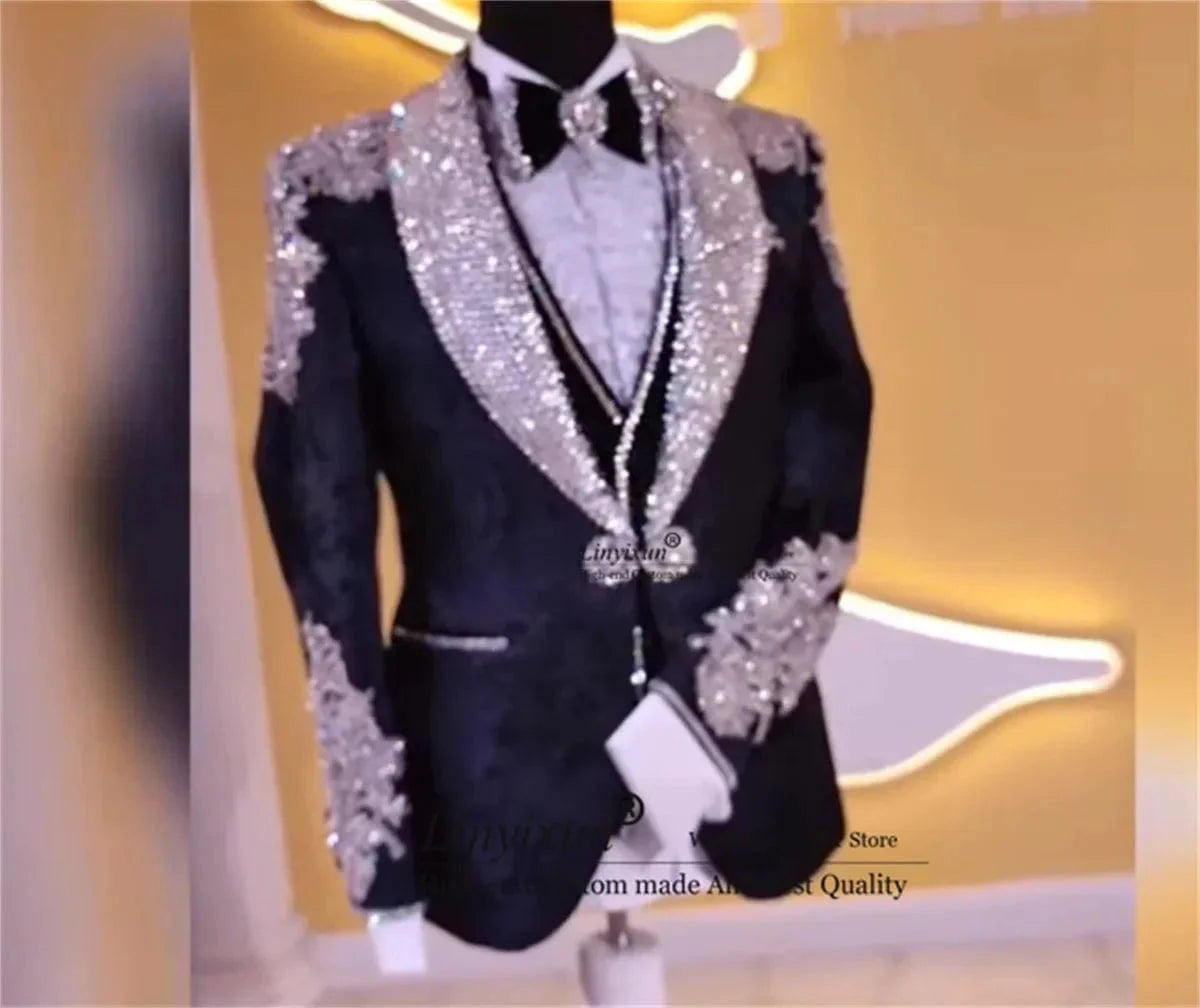 SHOWLU FASHION STORE men's beaded crystal tuxedo 3-piece slim fit wedding suit with shawl lapel, blazer, and vest, elegant formal attire