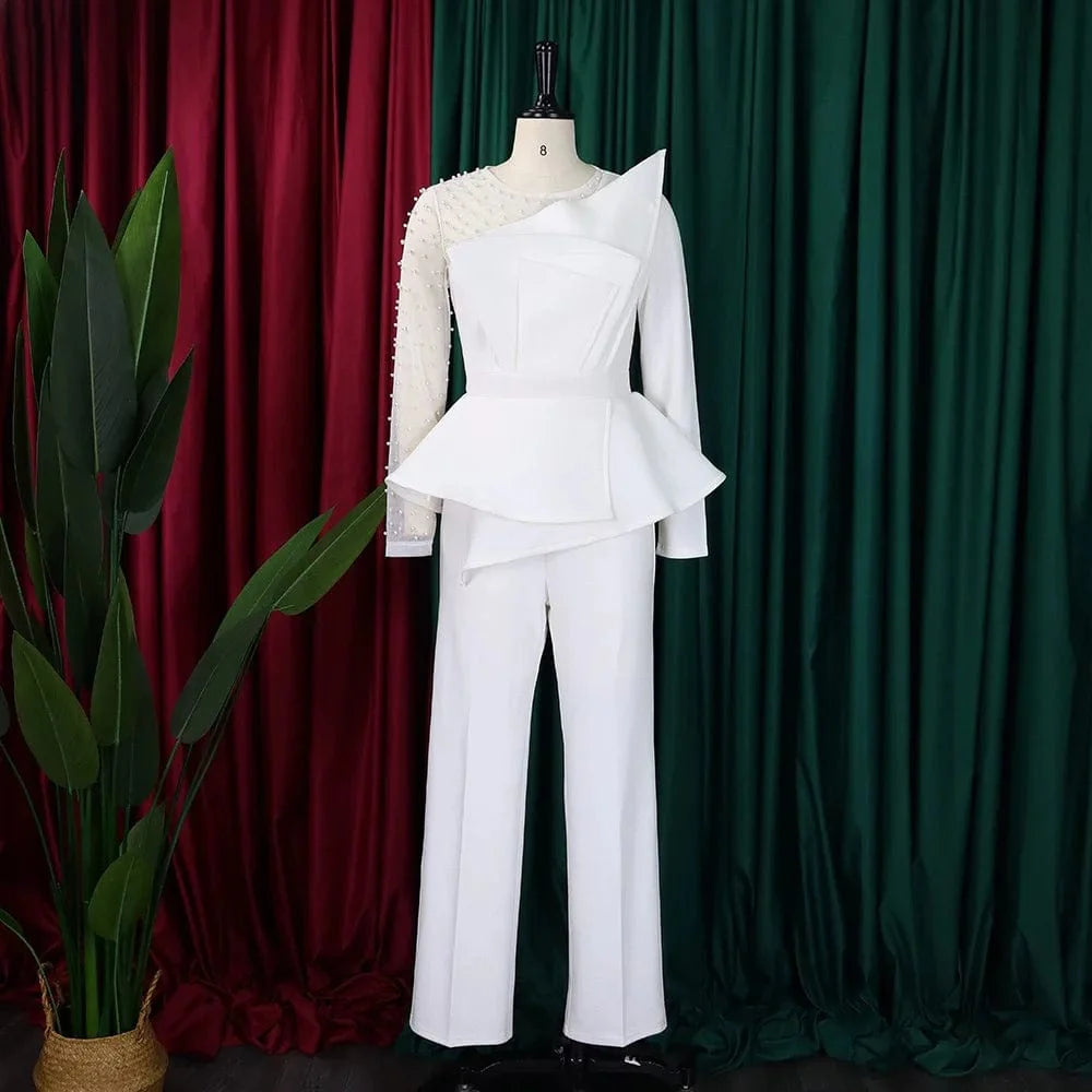 SHOWLU FASHION women's beaded high-waisted elegant party jumpsuit with round neck, transparent sleeves, perfect for special occasions.