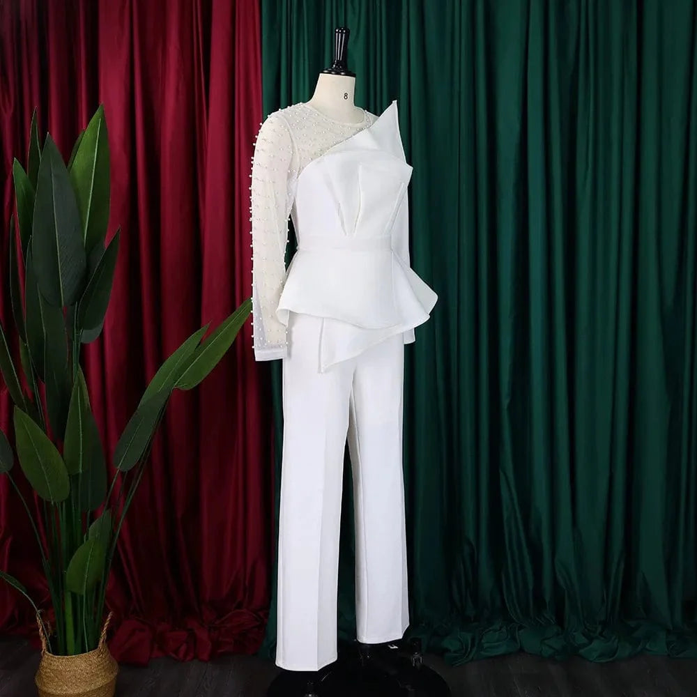 Beaded high waisted women's jumpsuit with round neck, transparent sleeves, elegant party style by SHOWLU FASHION.