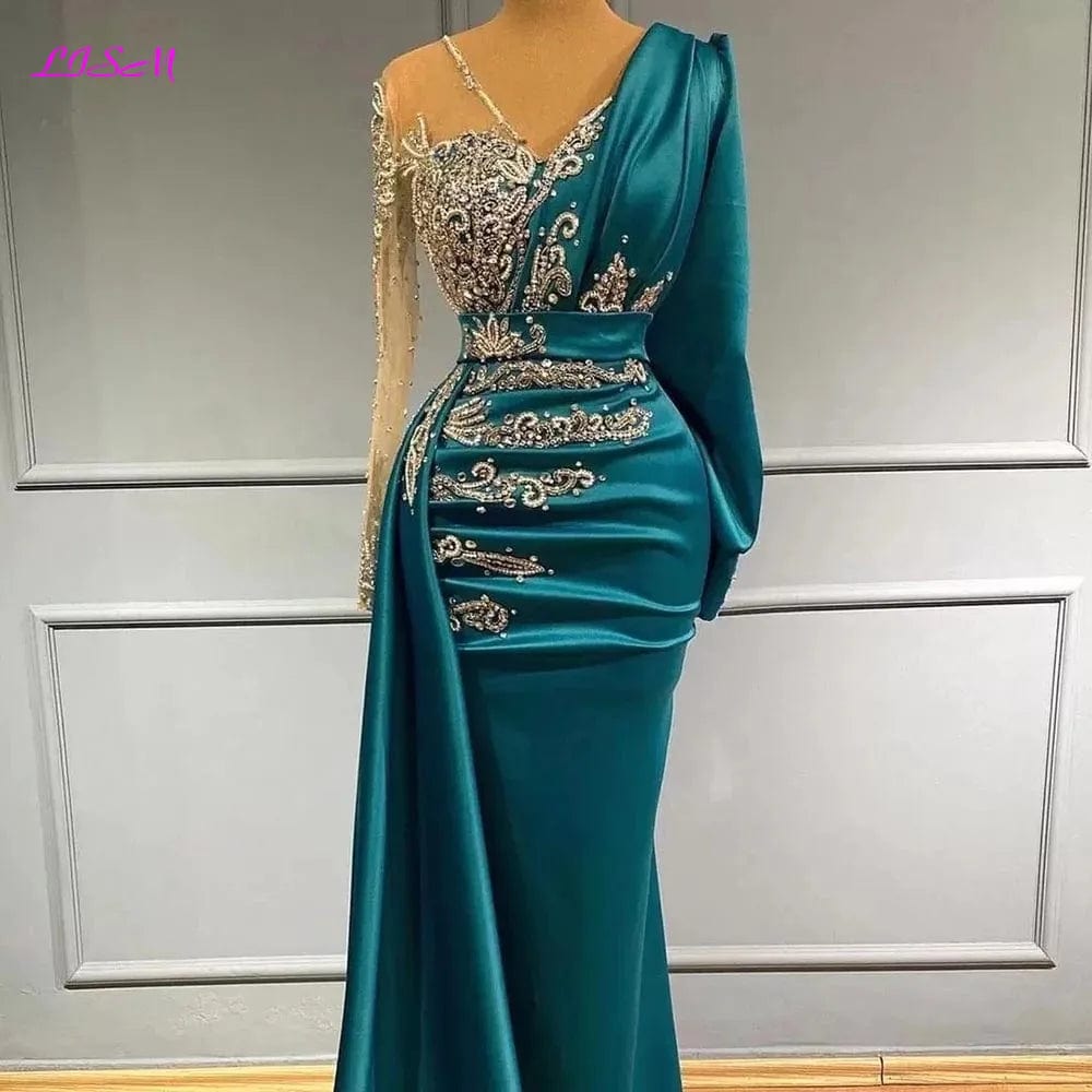 SHOWLU FASHION STORE Luxury Long Sleeve Mermaid Evening Dresses Sparkly Crystals Elegant Satin Dubai Women Formal Party Evening Gowns Sheer Neck