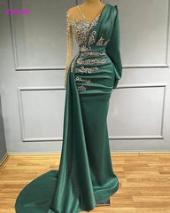 SHOWLU FASHION STORE Luxury Long Sleeve Mermaid Evening Dresses Sparkly Crystals Elegant Satin Dubai Women Formal Party Evening Gowns Sheer Neck