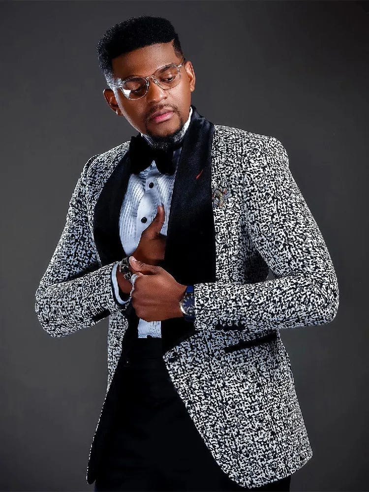 Men's jacquard tuxedo suit by SHOWLU FASHION STORE with velvet lapel, tailored 2-piece skinny fit, one-button blazer and matching pants.