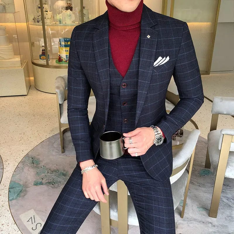 SHOWLU FASHION STORE Luxury Men Slim Fit Check Suit Men Business Office Formal Suits 3 Pcs Set Blazers Pant Casual Wedding Social Tuxedo Dress Homme