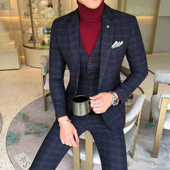 SHOWLU FASHION STORE Luxury Men Slim Fit Check Suit Men Business Office Formal Suits 3 Pcs Set Blazers Pant Casual Wedding Social Tuxedo Dress Homme