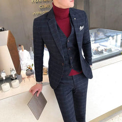 SHOWLU FASHION STORE Luxury Men Slim Fit Check Suit Men Business Office Formal Suits 3 Pcs Set Blazers Pant Casual Wedding Social Tuxedo Dress Homme