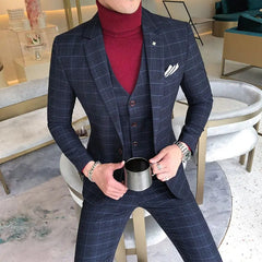 SHOWLU FASHION STORE Luxury Men Slim Fit Check Suit Men Business Office Formal Suits 3 Pcs Set Blazers Pant Casual Wedding Social Tuxedo Dress Homme