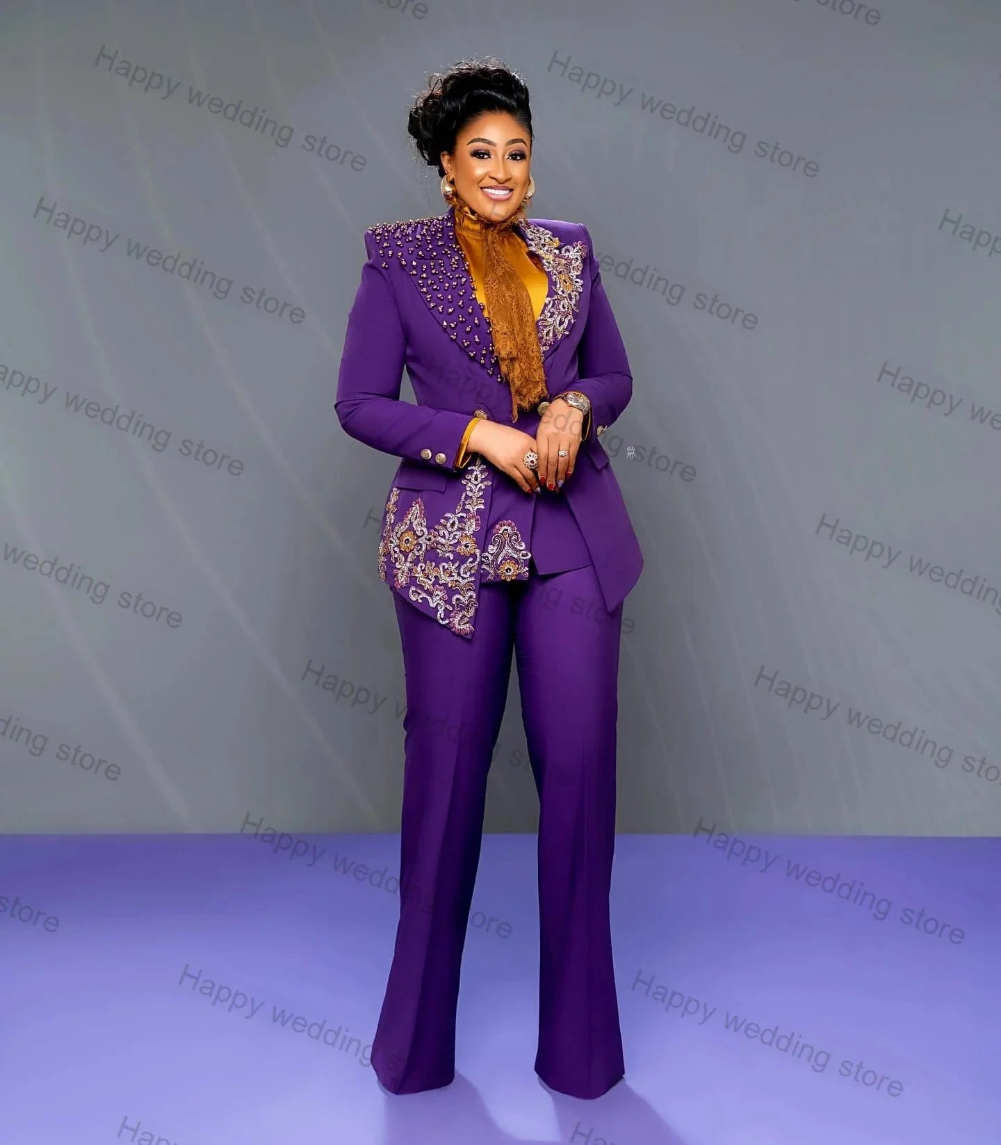 Purple women's 2-piece blazer suit with crystal accents, featuring tailored jacket and matching trousers for wedding or party attire.