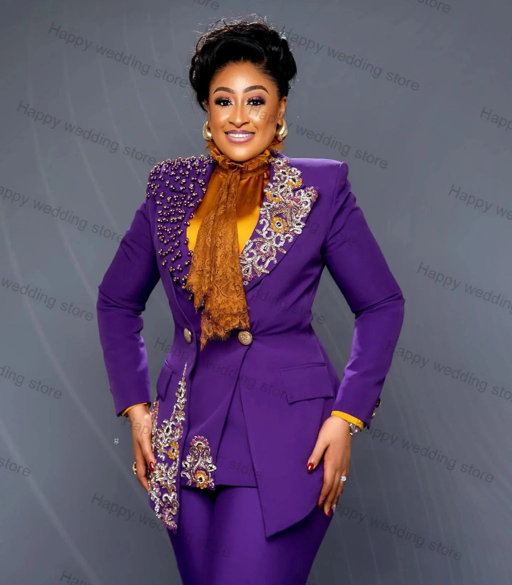 Purple women's 2-piece blazer suit with crystal embellishments, featuring tailored jacket and matching trousers for wedding or party wear.
