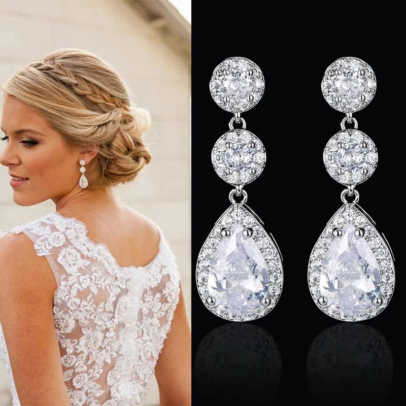  Showlu Fashion Store Luxury Zircon Wedding Long Dangle Earrings with Round Water Drop Elegant CZ Earrings for Women Bridal Wedding Jewelry Dress