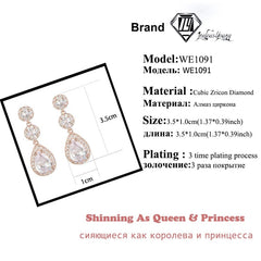  Showlu Fashion Store Luxury Zircon Wedding Long Dangle Earrings with Round Water Drop Elegant CZ Earrings for Women Bridal Wedding Jewelry Dress