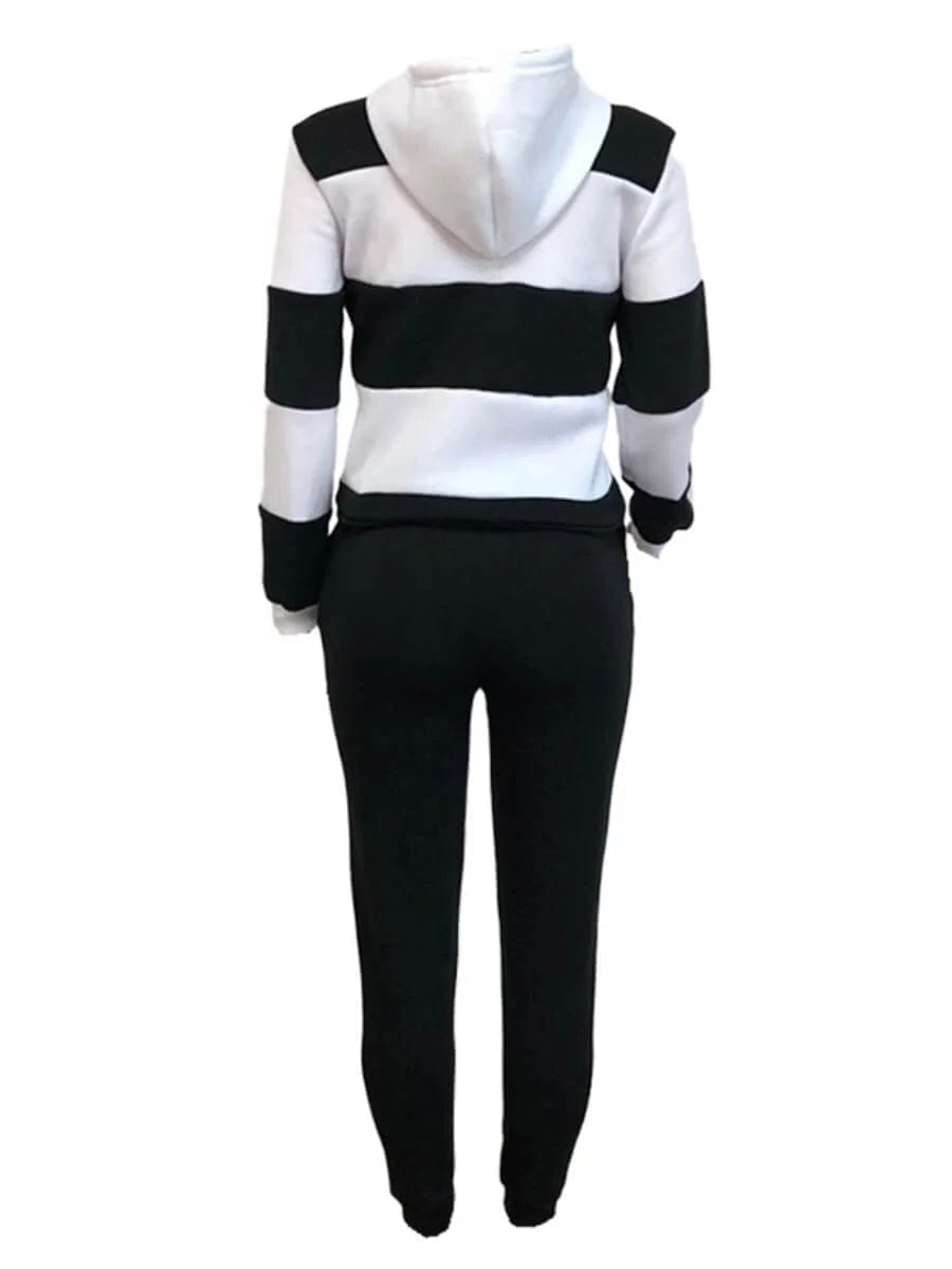 SHOWLU FASHION STORE LW Plus Size Sporty Hooded Collar Striped Tracksuit Set Black White Patchwork Kangaroo Pocket Design Tracksuit Sportswear Set