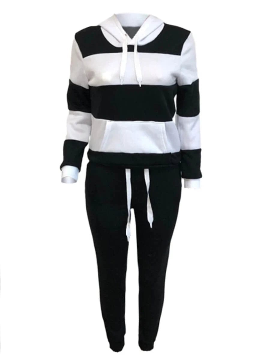 SHOWLU FASHION STORE LW Plus Size Sporty Hooded Collar Striped Tracksuit Set Black White Patchwork Kangaroo Pocket Design Tracksuit Sportswear Set