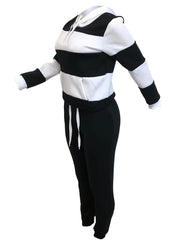 SHOWLU FASHION STORE LW Plus Size Sporty Hooded Collar Striped Tracksuit Set Black White Patchwork Kangaroo Pocket Design Tracksuit Sportswear Set