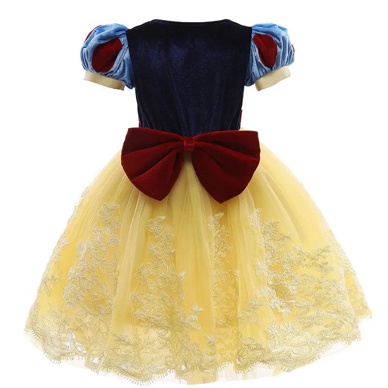 Girls' Velvet Snow White Dress by Showlu Fashion Store, princess birthday costume with bow for kids' parties and celebrations.