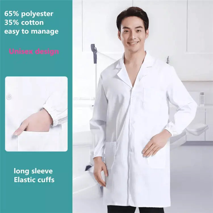 Unisex Showlu medical lab coat with custom logo, worn by a doctor or nurse in a hospital setting, featuring professional medical attire.