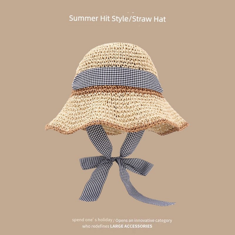  Showlu Fashion Store M(56-58cm) / Black and white Gingham ribbon-beige Straw Hat Japanese Style Women's Hand-Woven Summer Outing Lace