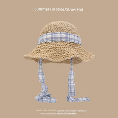  Showlu Fashion Store M(56-58cm) / Blue Ribbon-Beige Straw Hat Japanese Style Women's Hand-Woven Summer Outing Lace