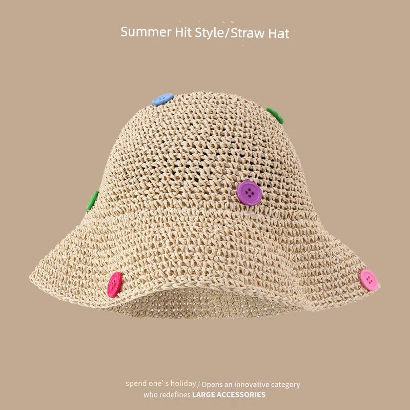  Showlu Fashion Store M(56-58cm) / Button Straw Hat-Beige Straw Hat Japanese Style Women's Hand-Woven Summer Outing Lace