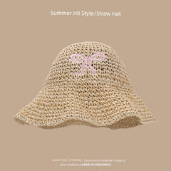  Showlu Fashion Store M(56-58cm) / Embroider Bows-beige Straw Hat Japanese Style Women's Hand-Woven Summer Outing Lace