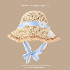  Showlu Fashion Store M(56-58cm) / Fairy Blue Flowers-Beige Straw Hat Japanese Style Women's Hand-Woven Summer Outing Lace