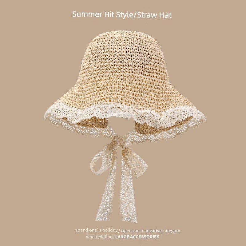  Showlu Fashion Store M(56-58cm) / Lace brim-beige Straw Hat Japanese Style Women's Hand-Woven Summer Outing Lace