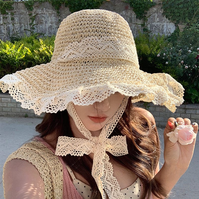  Showlu Fashion Store M(56-58cm) / Lace edge beige Color Woven Hollowed Women's Summer Seaside Vacation Straw Hat