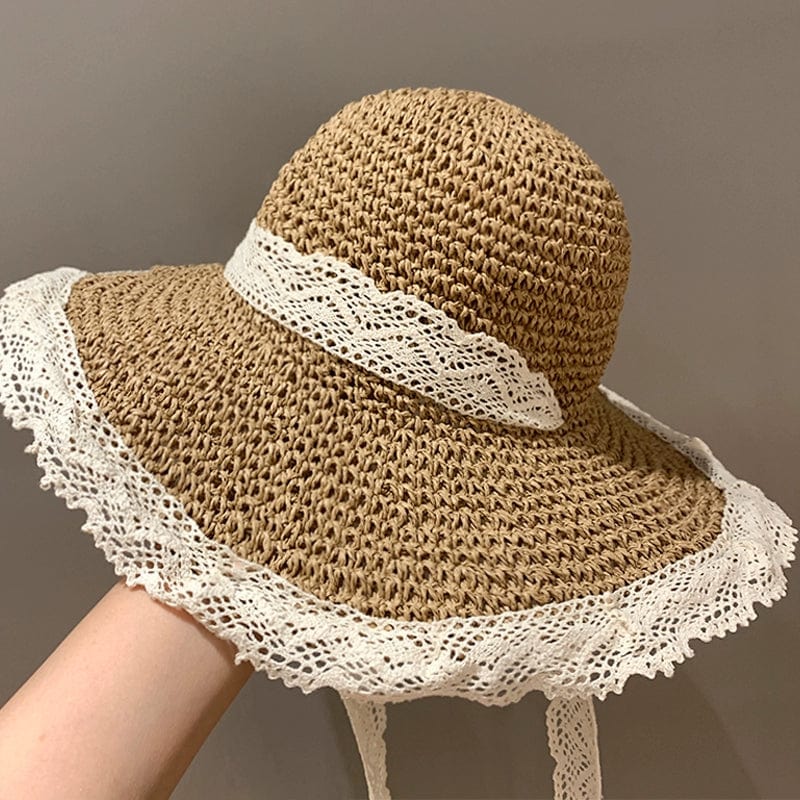  Showlu Fashion Store M(56-58cm) / Lace edge khaki Color Woven Hollowed Women's Summer Seaside Vacation Straw Hat