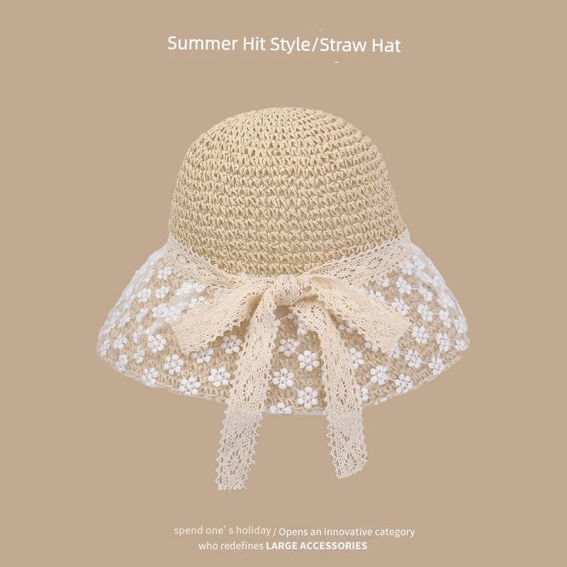  Showlu Fashion Store M(56-58cm) / Lace floral-beige Straw Hat Japanese Style Women's Hand-Woven Summer Outing Lace