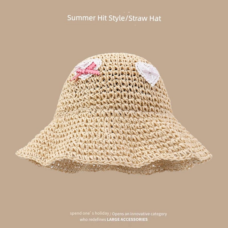  Showlu Fashion Store M(56-58cm) / Lace Heart-beige Straw Hat Japanese Style Women's Hand-Woven Summer Outing Lace