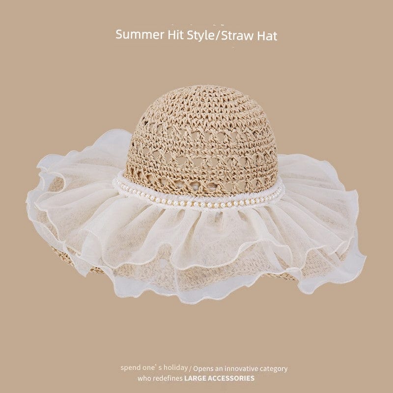  Showlu Fashion Store M(56-58cm) / Organza Lace-beige Straw Hat Japanese Style Women's Hand-Woven Summer Outing Lace