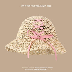  Showlu Fashion Store M(56-58cm) / Pink strap-beige Straw Hat Japanese Style Women's Hand-Woven Summer Outing Lace