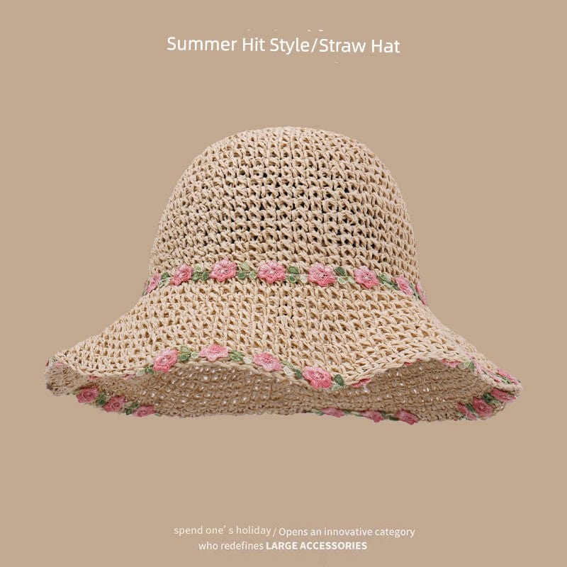  Showlu Fashion Store M(56-58cm) / Rose-beige Straw Hat Japanese Style Women's Hand-Woven Summer Outing Lace