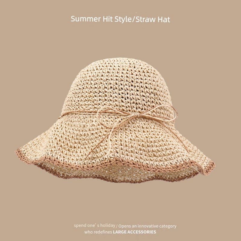  Showlu Fashion Store M(56-58cm) / Shoelace Bows-beige Straw Hat Japanese Style Women's Hand-Woven Summer Outing Lace