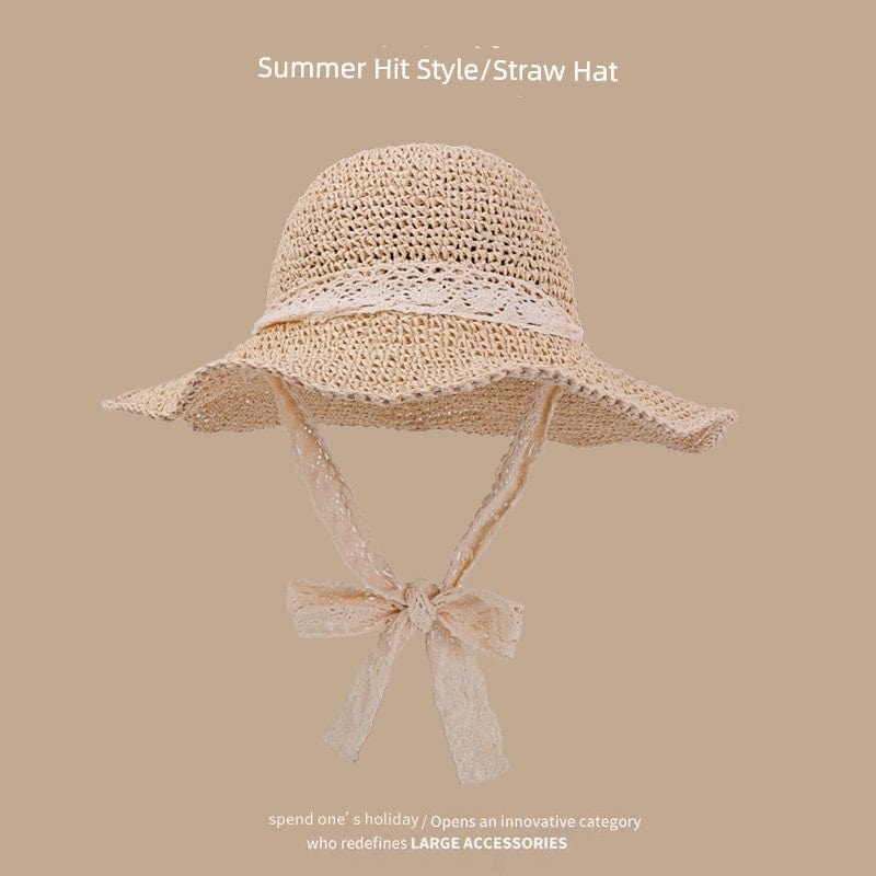  Showlu Fashion Store M(56-58cm) / Two straps-beige Straw Hat Japanese Style Women's Hand-Woven Summer Outing Lace