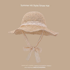  Showlu Fashion Store M(56-58cm) / Two straps-beige Straw Hat Japanese Style Women's Hand-Woven Summer Outing Lace