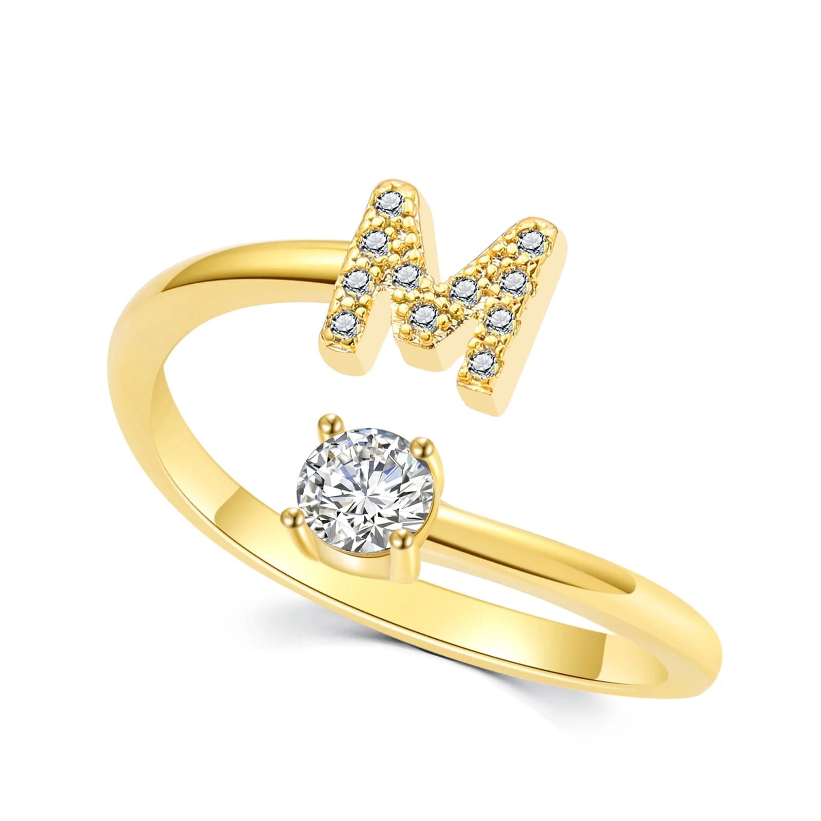 Showlu Fashion Store M A-Z Letter Initial Name Open Rings for Women Men  gold plated Zircon Stone Alphabet Rings Couple Friendship Jewelry Gift