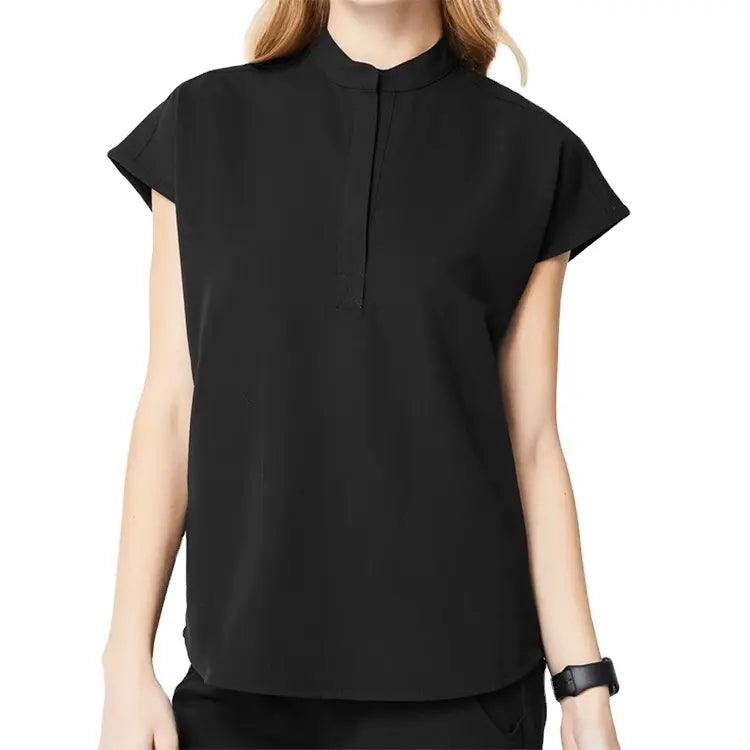 Black unisex nursing scrub set by Showlu Fashion Store, reusable hospital uniform for adults, featuring a top and pants.