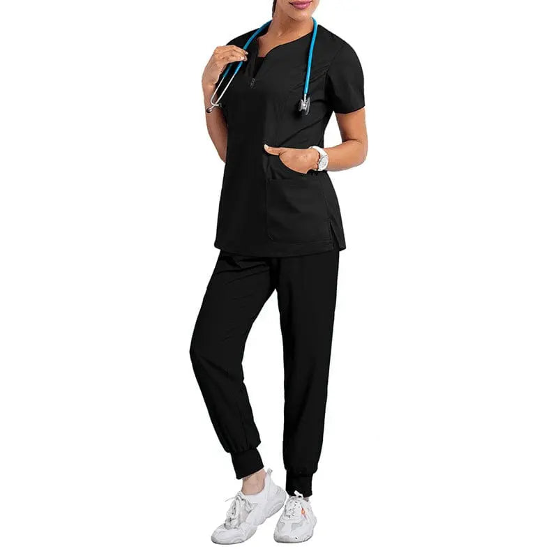 Black women's medical scrub set with short sleeves, including top and pants, designed for nurses and healthcare professionals.